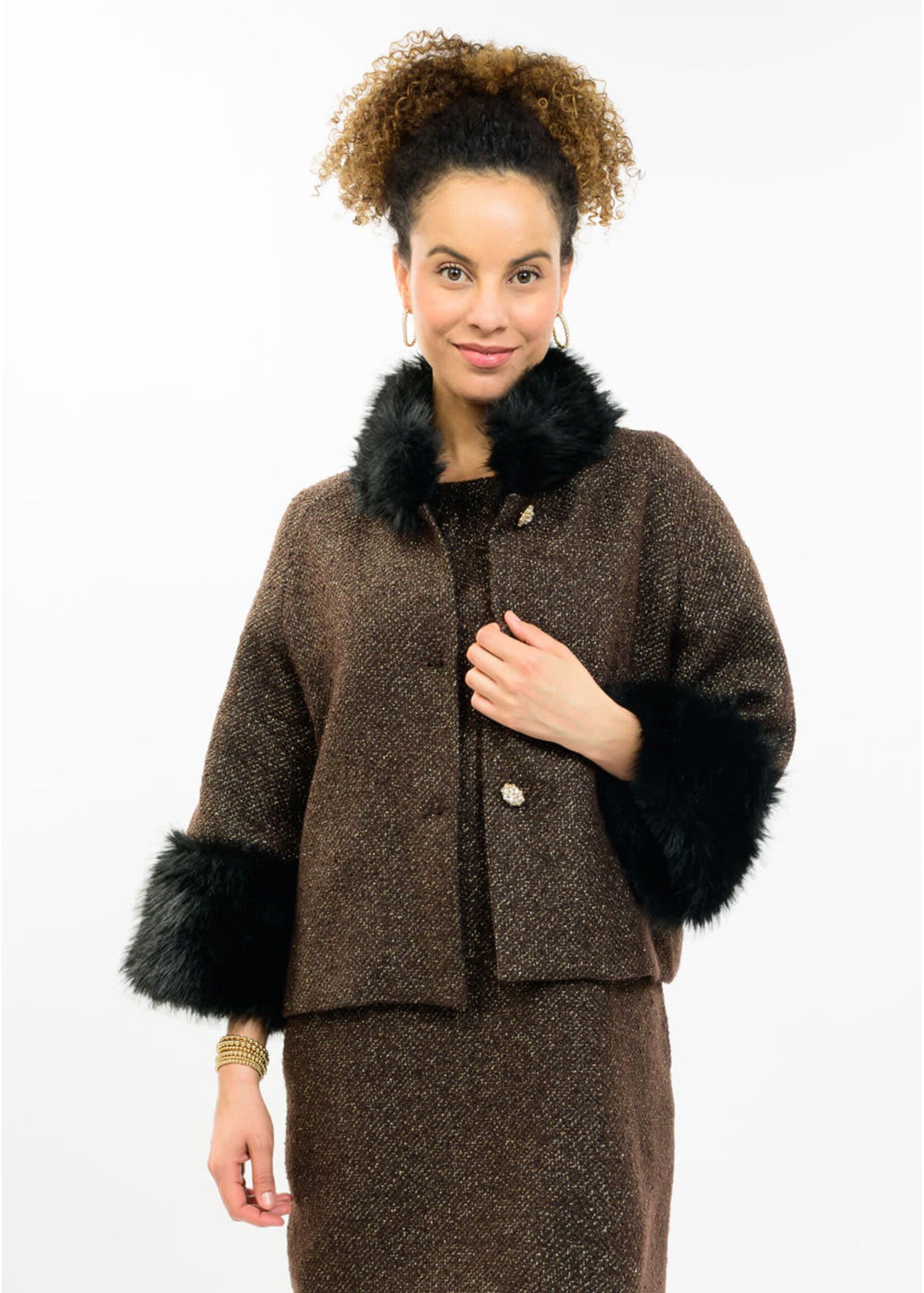 Ivy Jane Sparkle Tweed Fur Trim Jacket (Black)