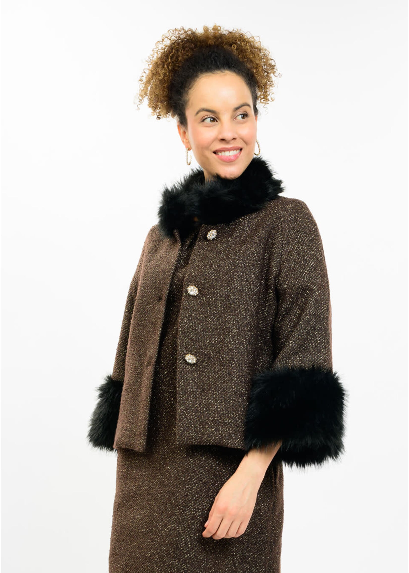 Ivy Jane Sparkle Tweed Fur Trim Jacket (Black)
