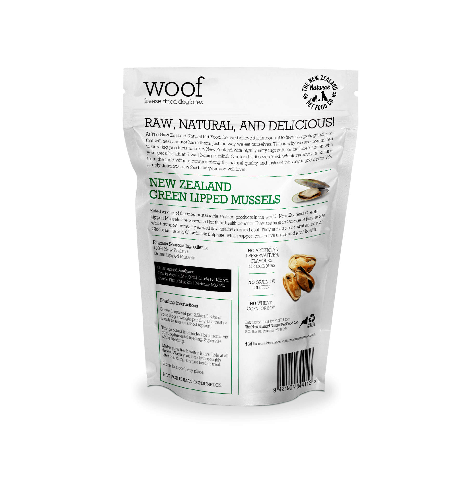 The New Zealand Natural Pet co. Woof NZ Green Lipped Mussels 1.76oz/50g