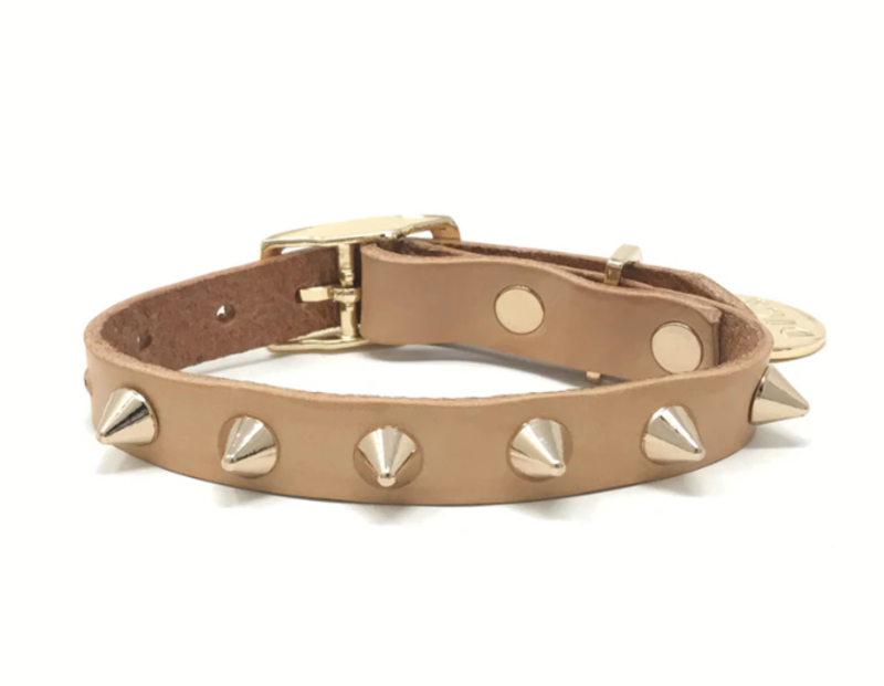 Nice Digs Smooth Spike Leather Dog Collar Gold Tan