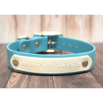 Vgan Dog Happy Hanukkah Collar 1" Nickel-Plated Sky Blue