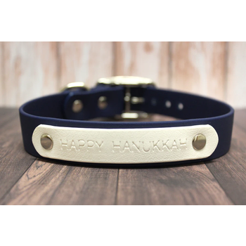 Vgan Dog Happy Hanukkah Collar 1" Nickel-Plated Navy Blue