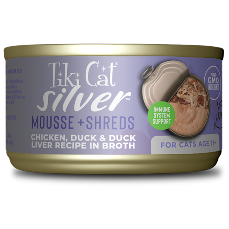 Tiki Cat Senior Mousse & Shreds with Chicken, Duck & Duck Liver Recipe in Broth