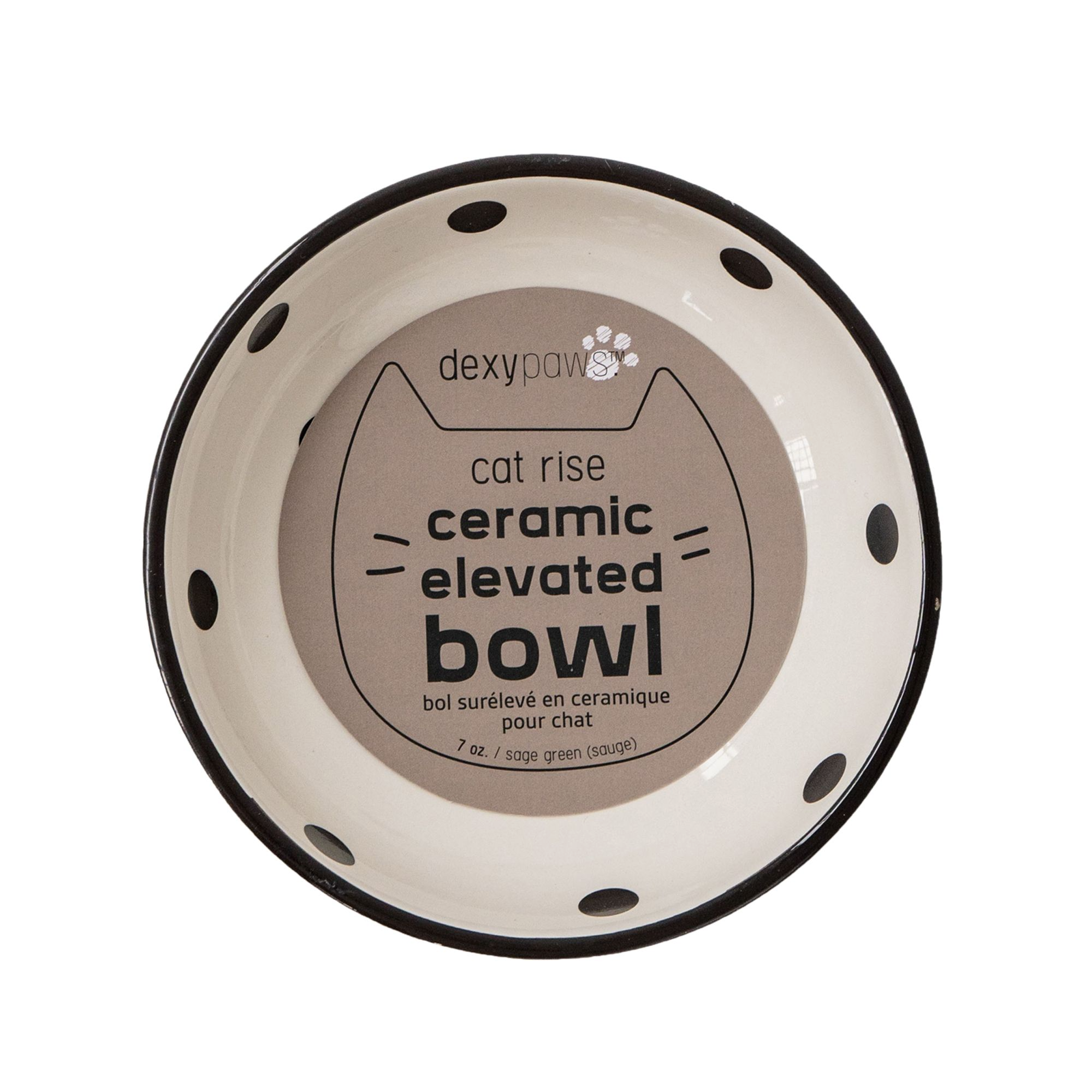 dexypaw Raised Ceramic Cat Bowl 8.7oz - White With Black Dot Print