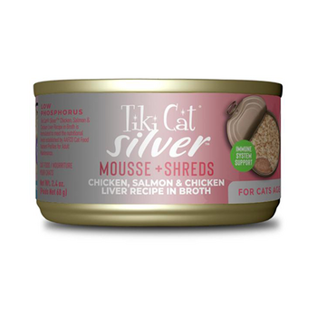 Tiki Cat Cat Silver Mousse + Shreds Chicken, Salmon & Chicken Liver Recipe in Broth 2.4oz