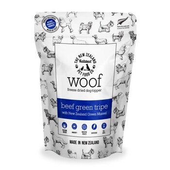 The New Zealand Natural Pet co. Woof Freeze Dried Beef Green Tripe with Green Lipped Mussels Meal Topper – 180g