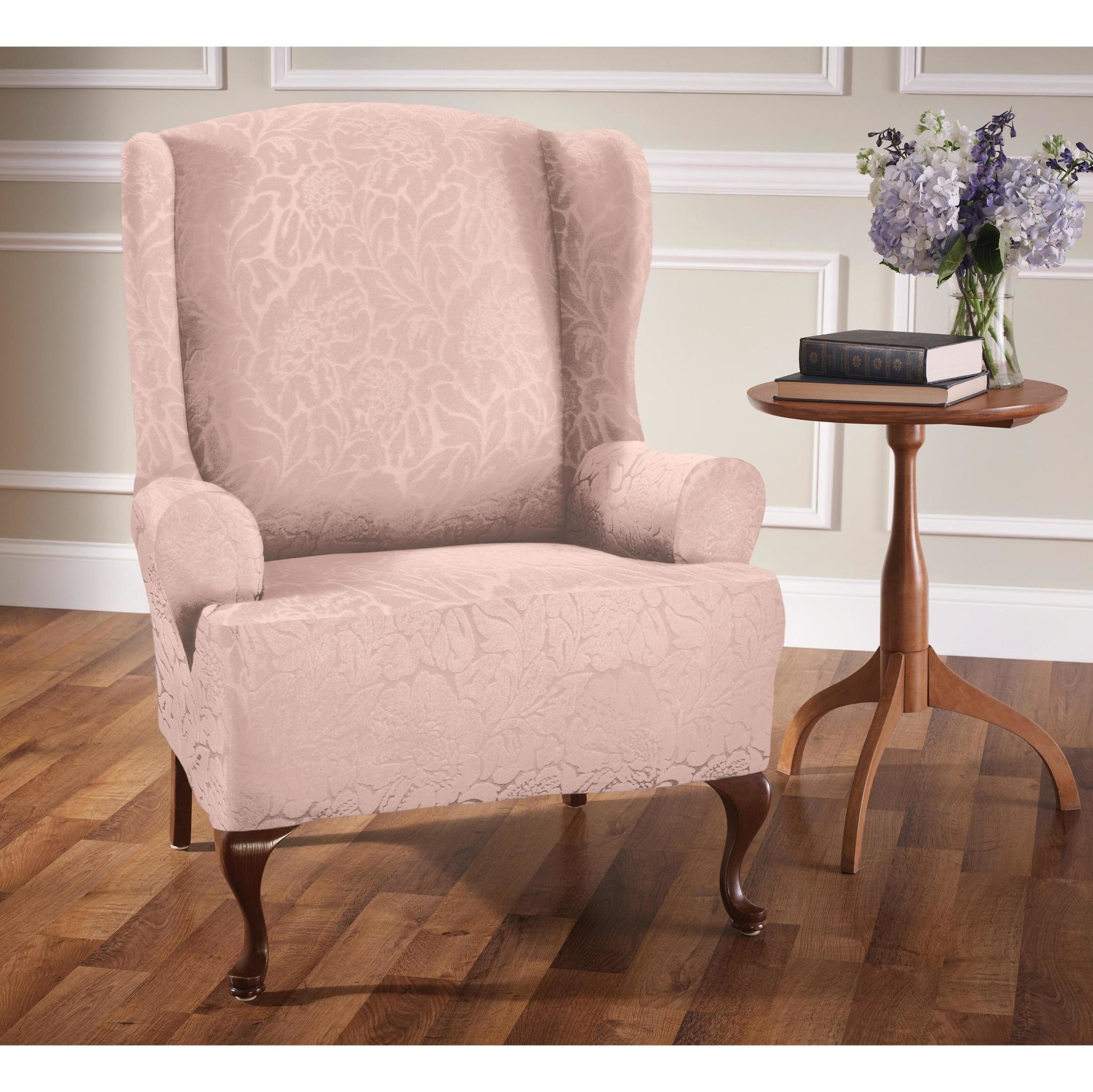 Stretch Blush Floral Wing Chair Slip Cover - Low Tide ...