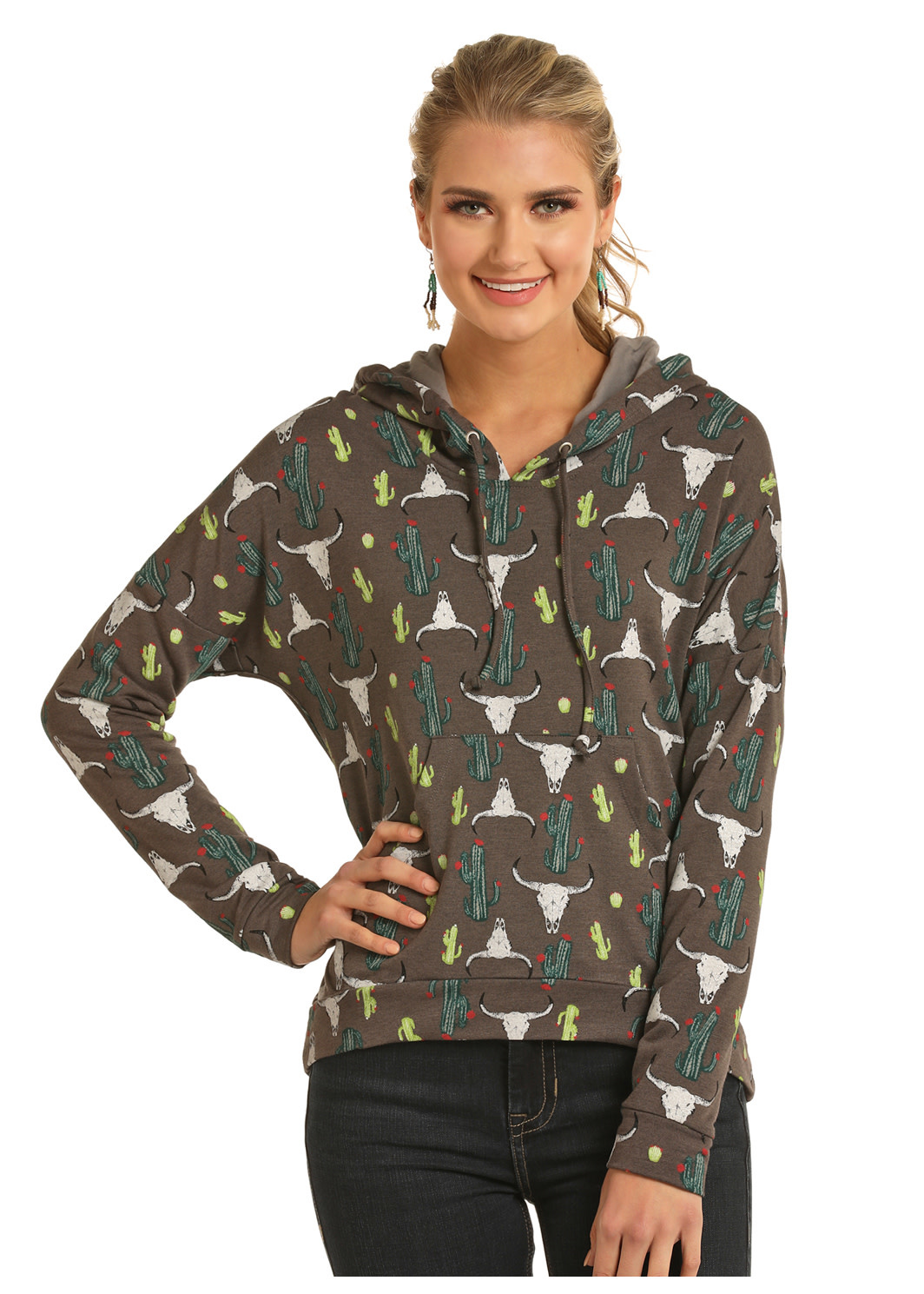 Ladies Rock n Roll Cowgirl Steer Head and Cactus Hooded ...