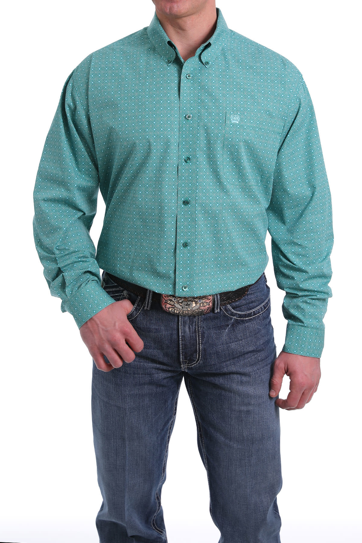 MEN'S GREEN AND TURQUOISE PRINT BUTTON 
