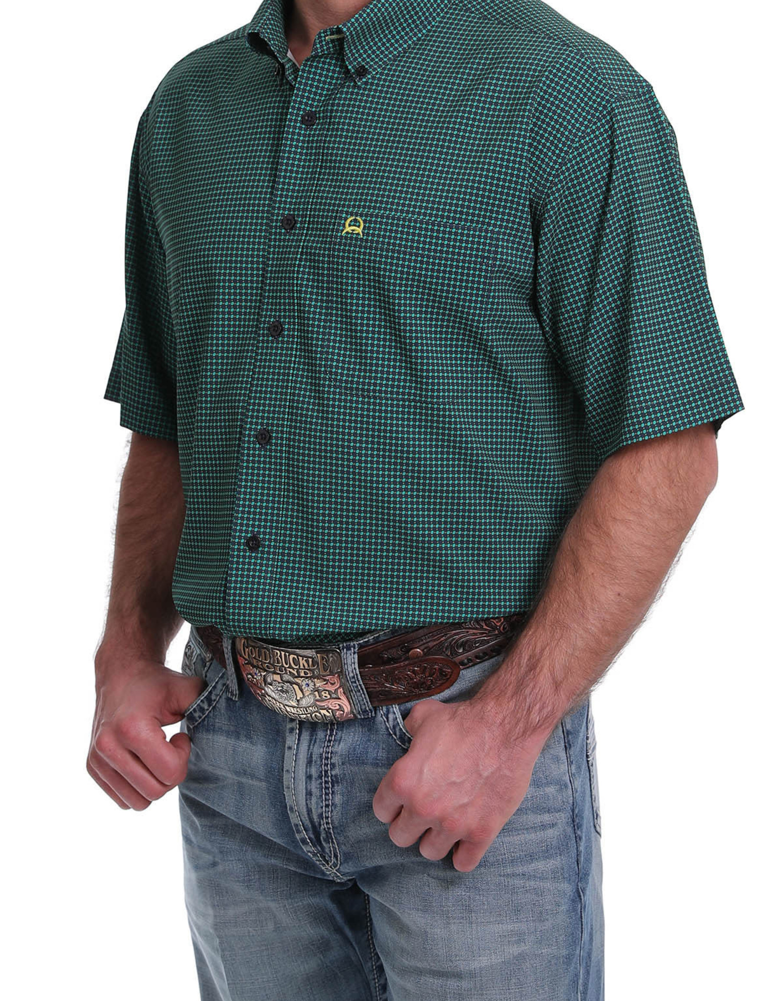 Cinch MEN'S SHORT SLEEVE ARENA FLEX BUTTON-DOWN SHIRT - NAVY, GREEN AND YELLOW DOT PRINT