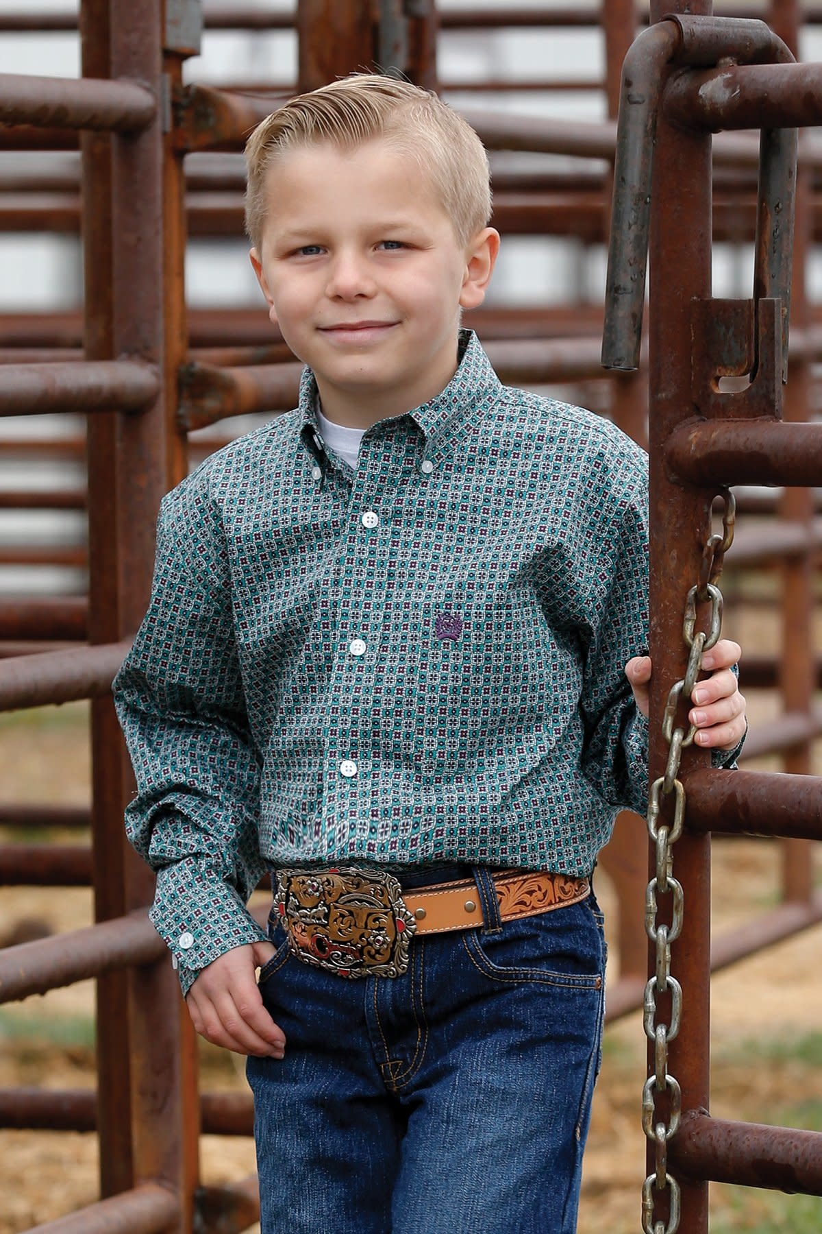 Boy's Match Dad Geometric Print Button-Down Western Shirt - Red