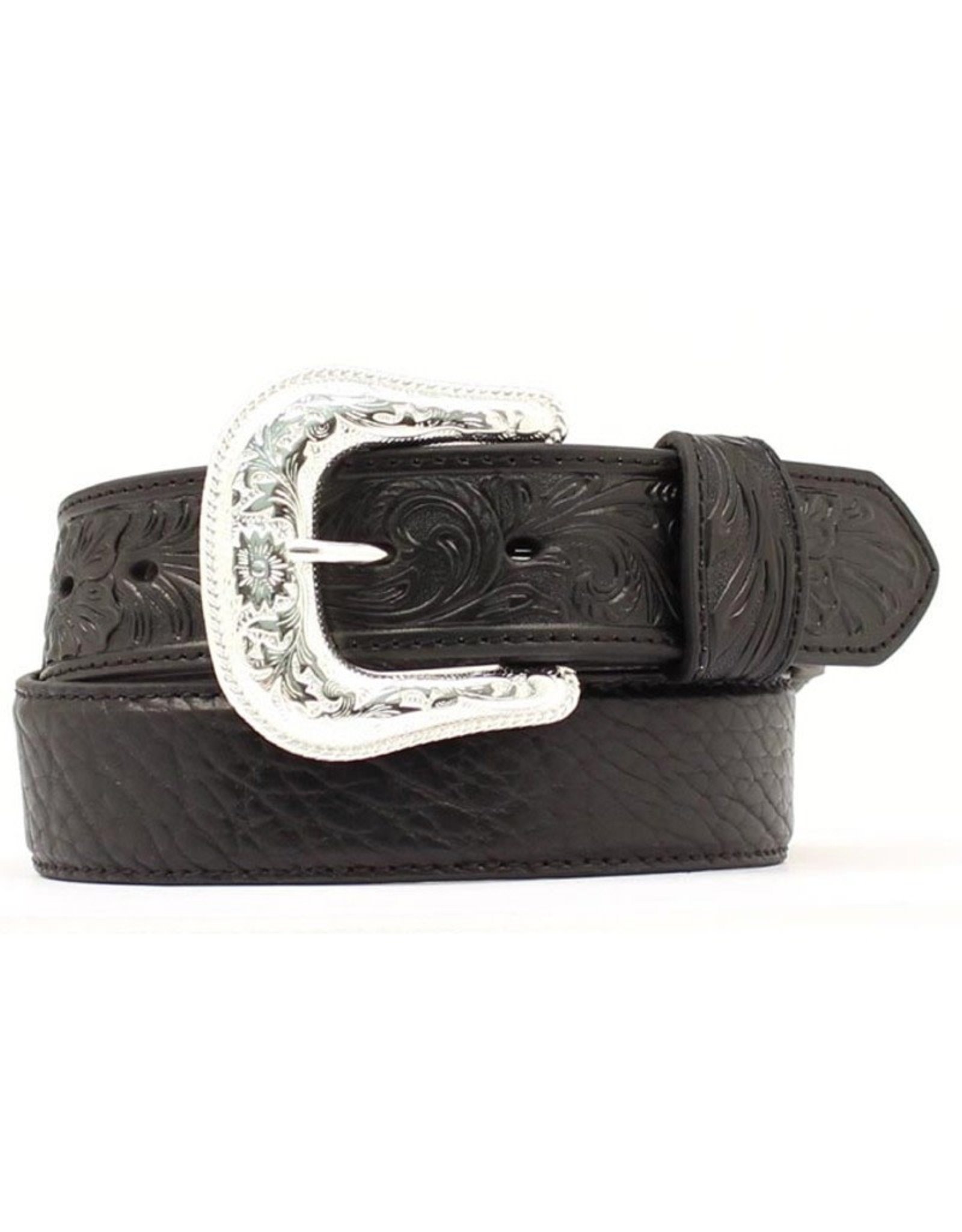 Leather Belt Black Bullhide with Tooled Ends