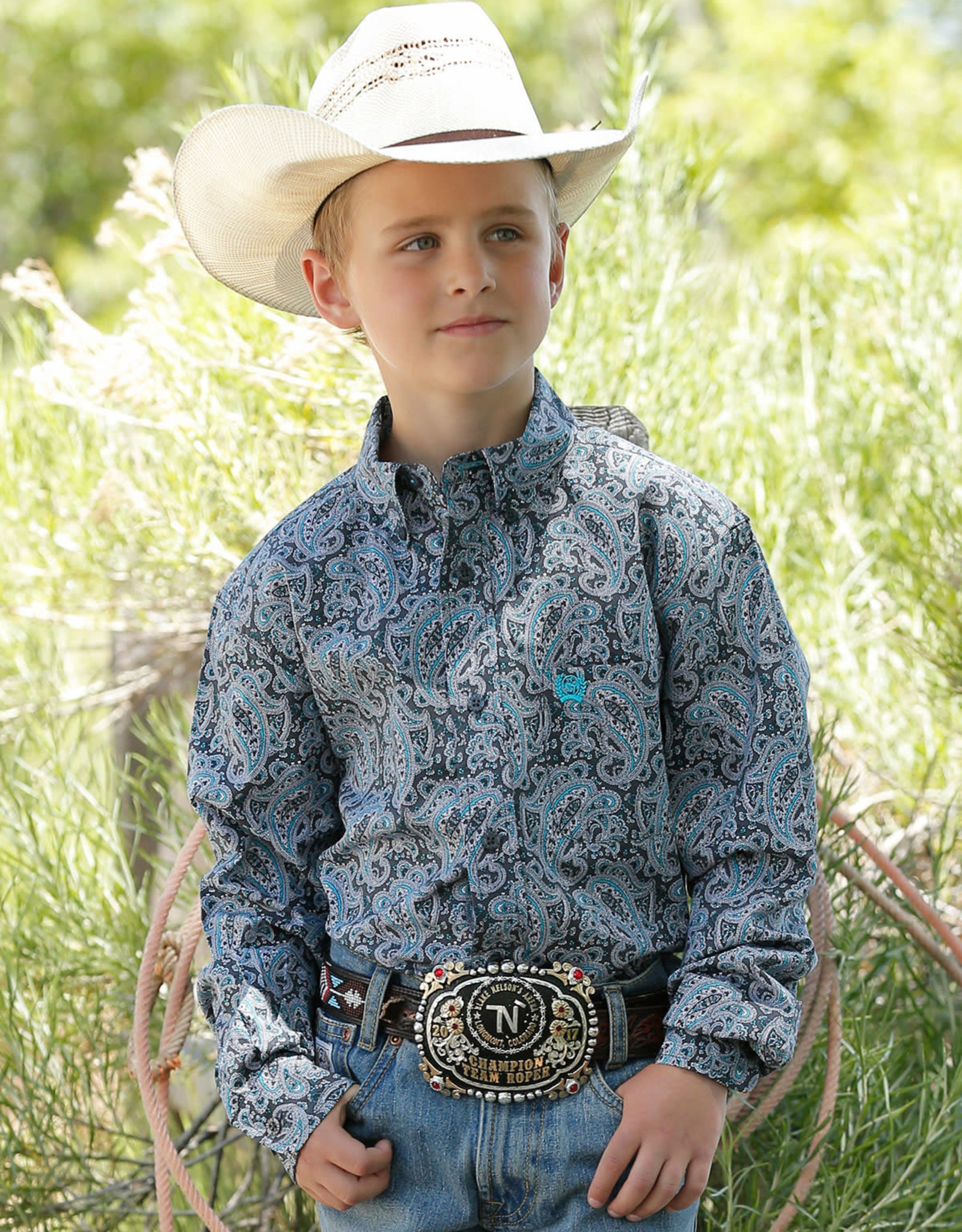 Boys Cinch Long Sleeve Charcoal Grey Turquoise Paisley Print Button ...