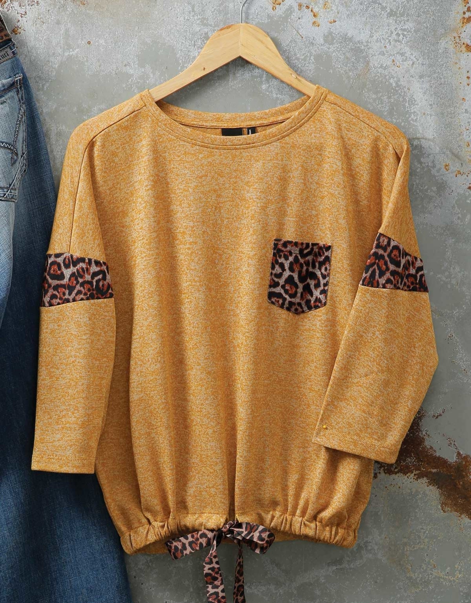 Womens Cruel Girl Mustard Gold Knit Top with Leopard Trim