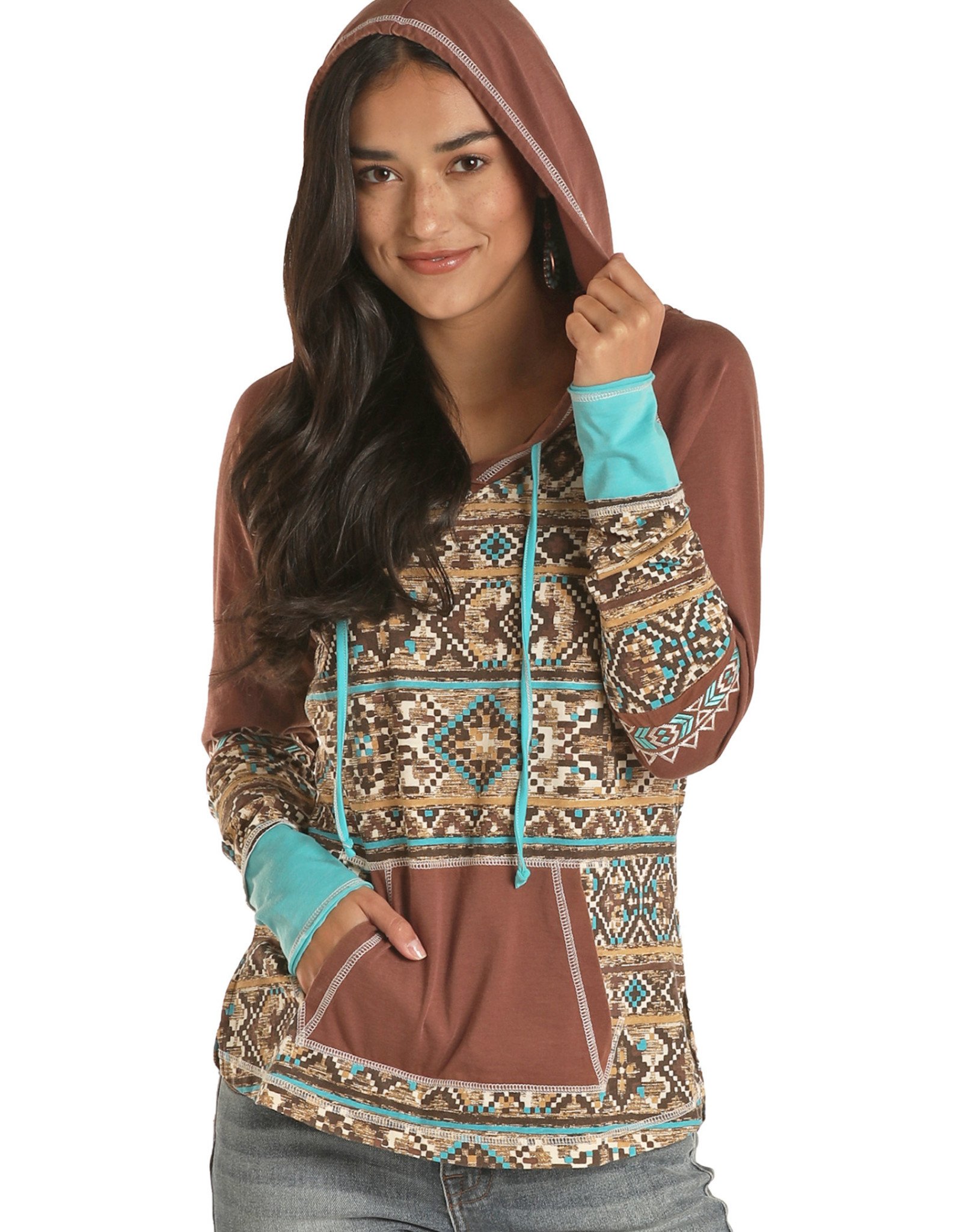 Womens Panhandle Brown Turquoise Aztec Print Hooded Shirt