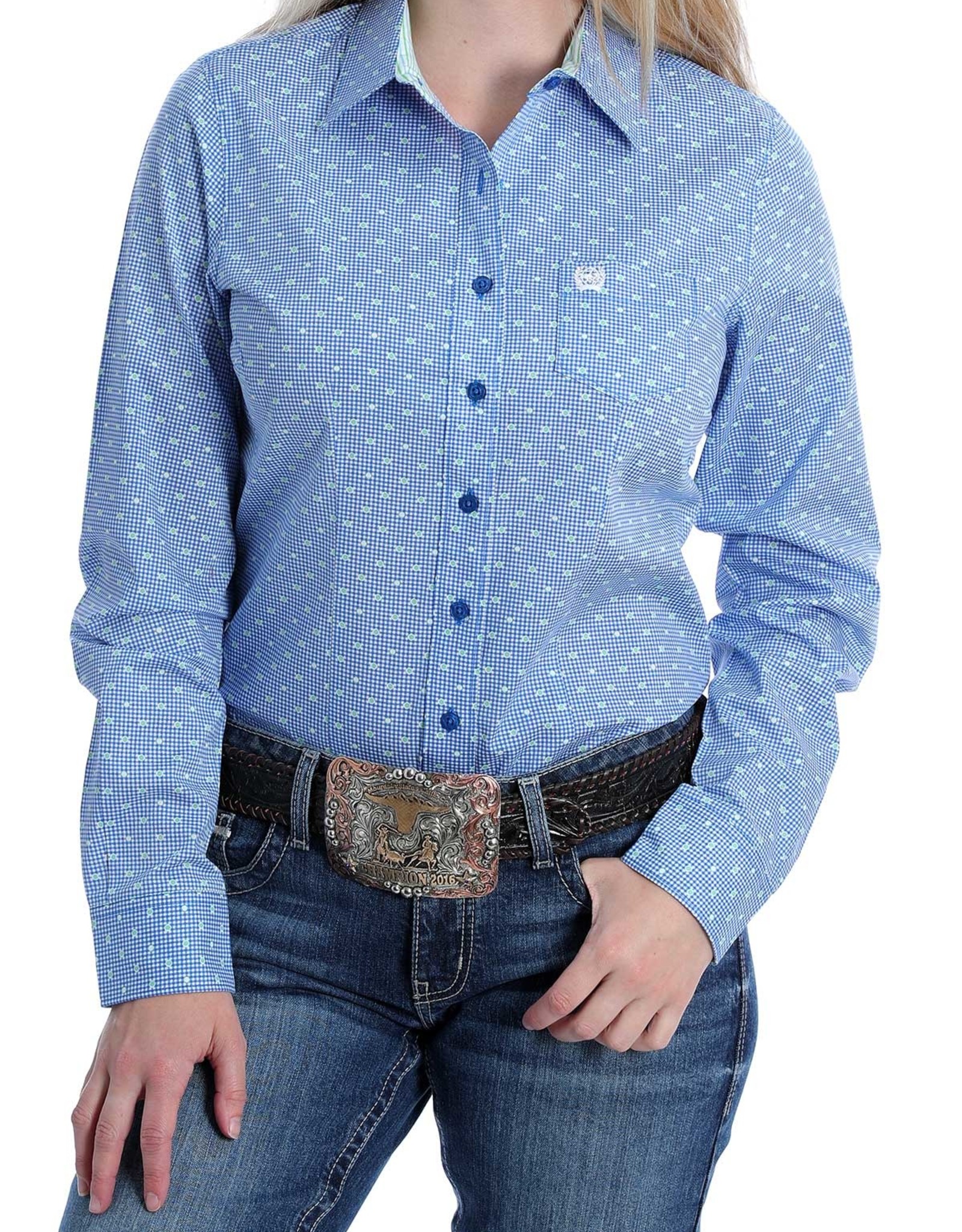 Womens Cinch Button Down Shirt Royal Blue Mini Check with Green Dots ...