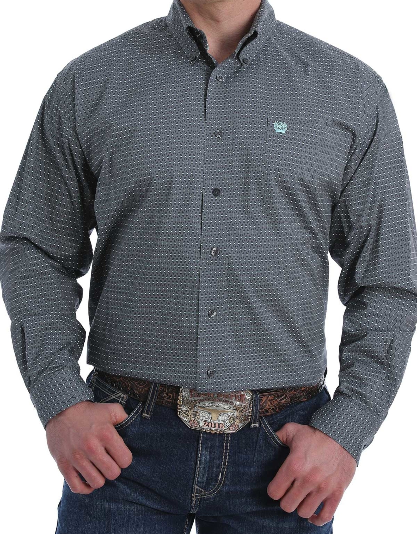 Cinch Mens Cinch Stretch Long Sleeve Button Charcoal Grey Black Teal Geo Print