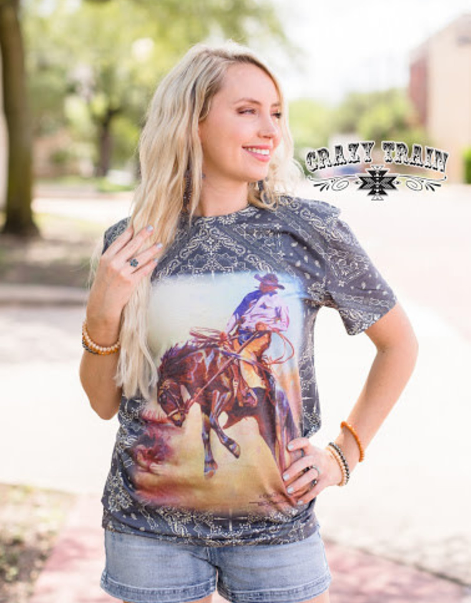 Crazy Train Bucking Horse Bandana Print T-shirt - Cowpokes Western