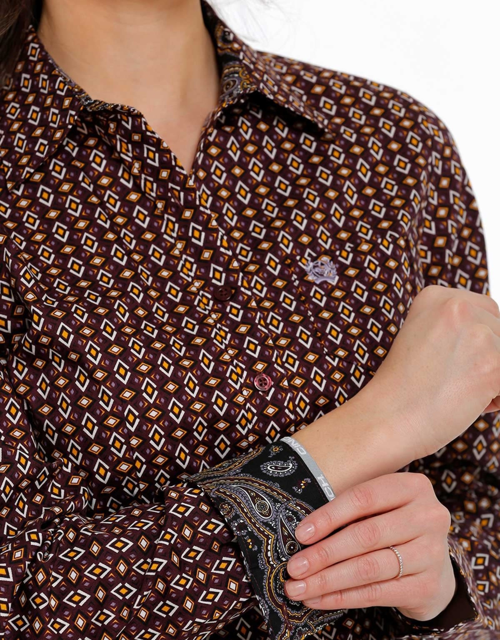 Cinch Cinch Womens Dark Purple Mustard  Print Long Sleeve Button Down Western Shirt