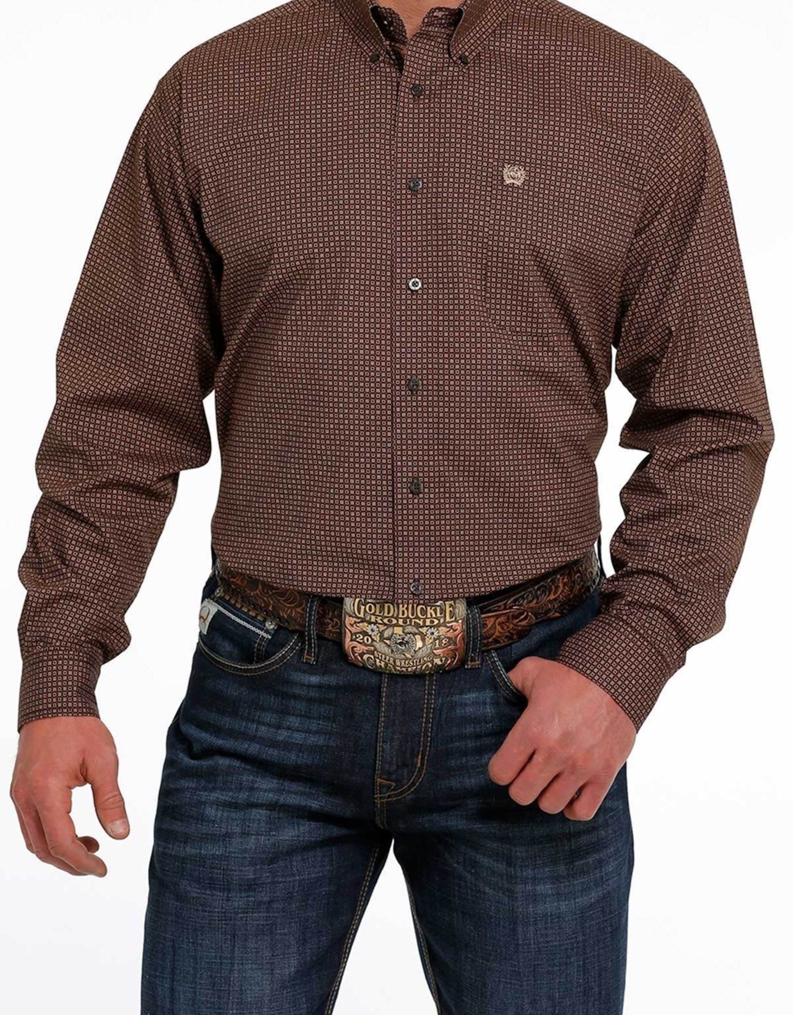 Cinch Mens Cinch Long Sleeve Brown Tan Mini Square Print Western Stretch Button Shirt