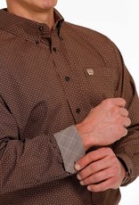 Cinch Mens Cinch Long Sleeve Brown Tan Mini Square Print Western Stretch Button Shirt