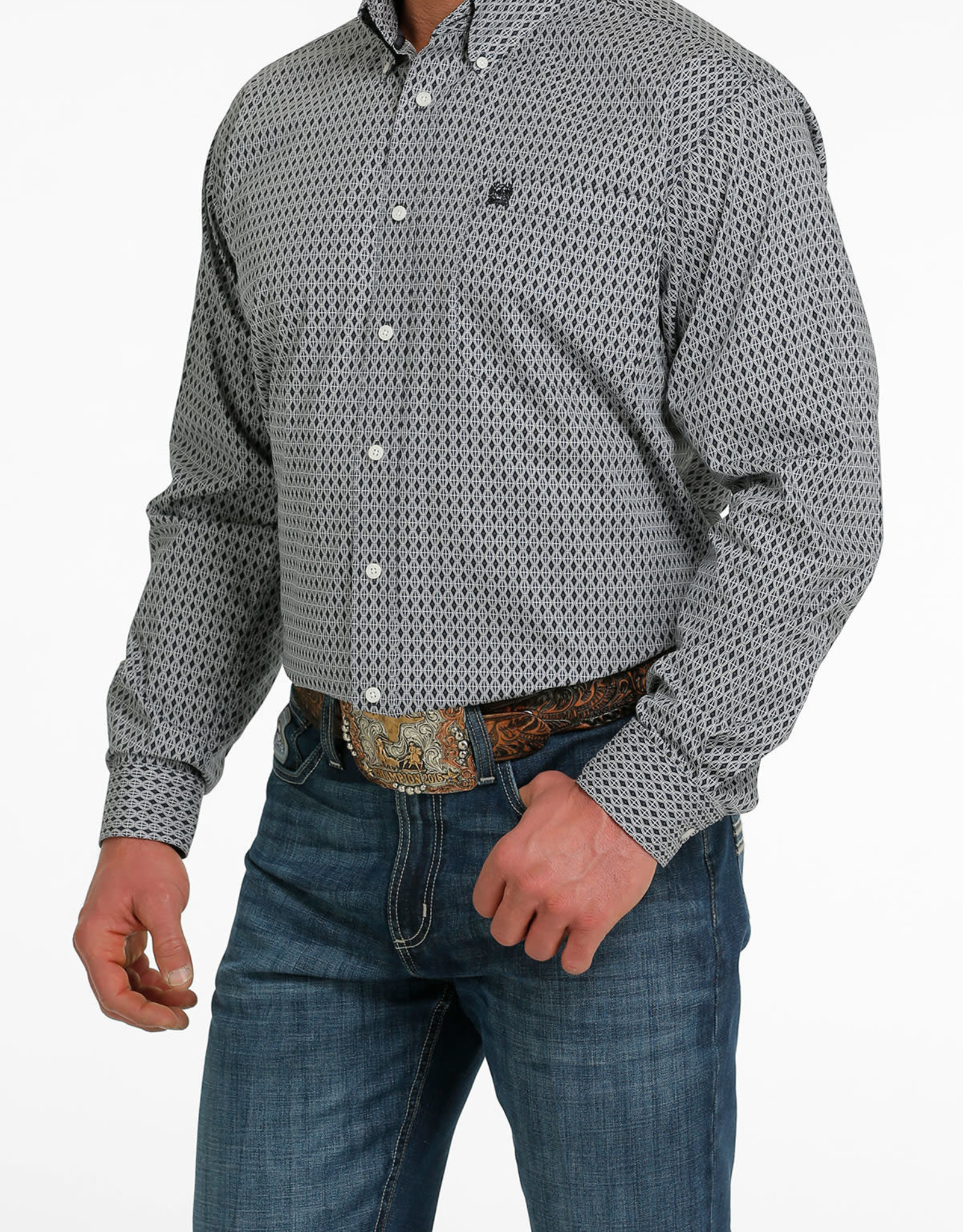 Cinch Mens Cinch Grey White Geometric Print Long Sleeve Western Button Shirt