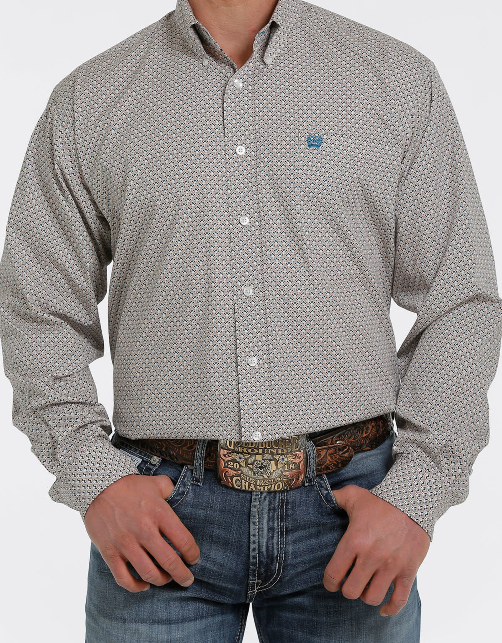 Cinch Mens Cinch Long Sleeve Khaki Teal Print Western Button Shirt