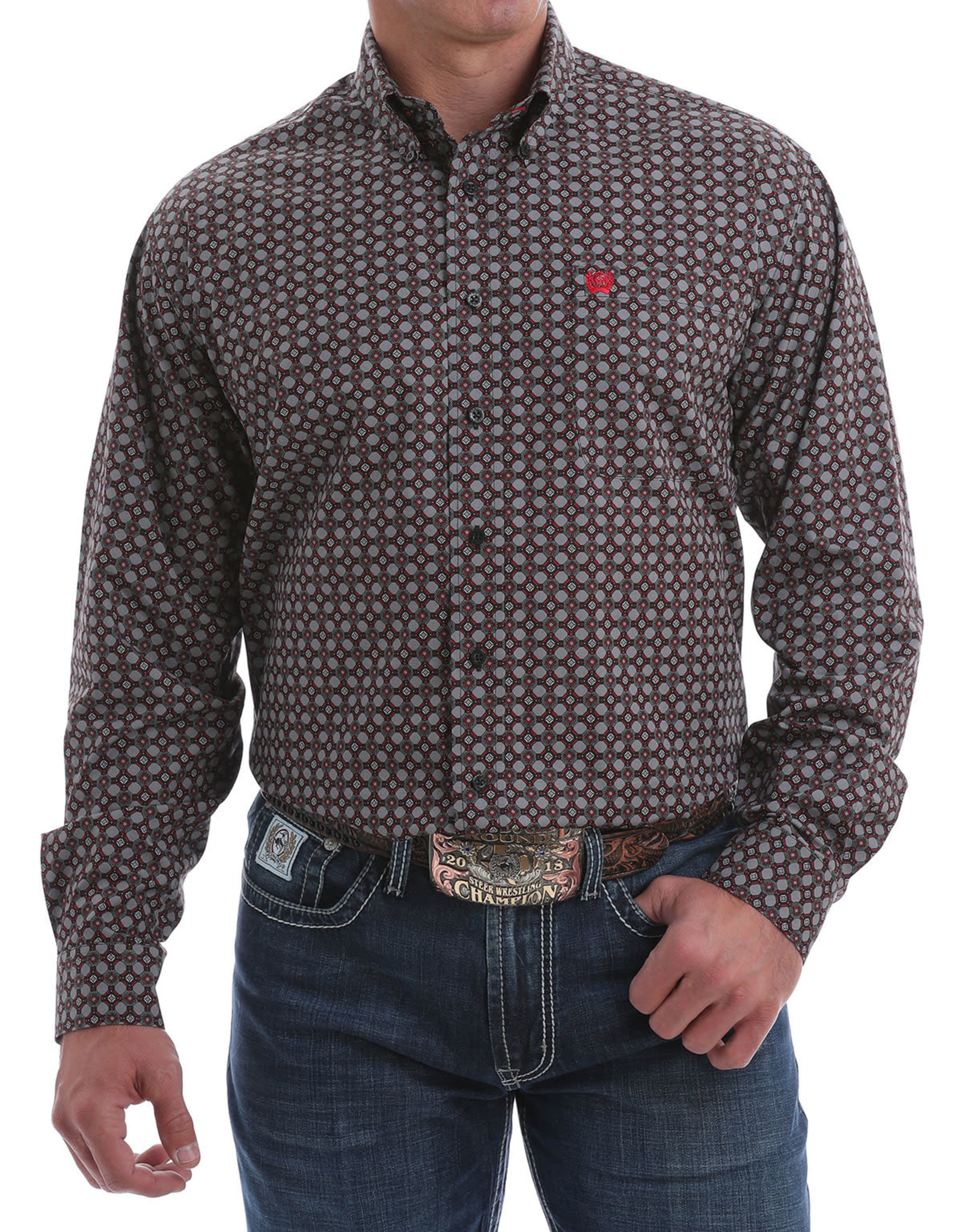 Cinch Mens Cinch Long Sleeve Grey Black Red Print Western Button Shirt