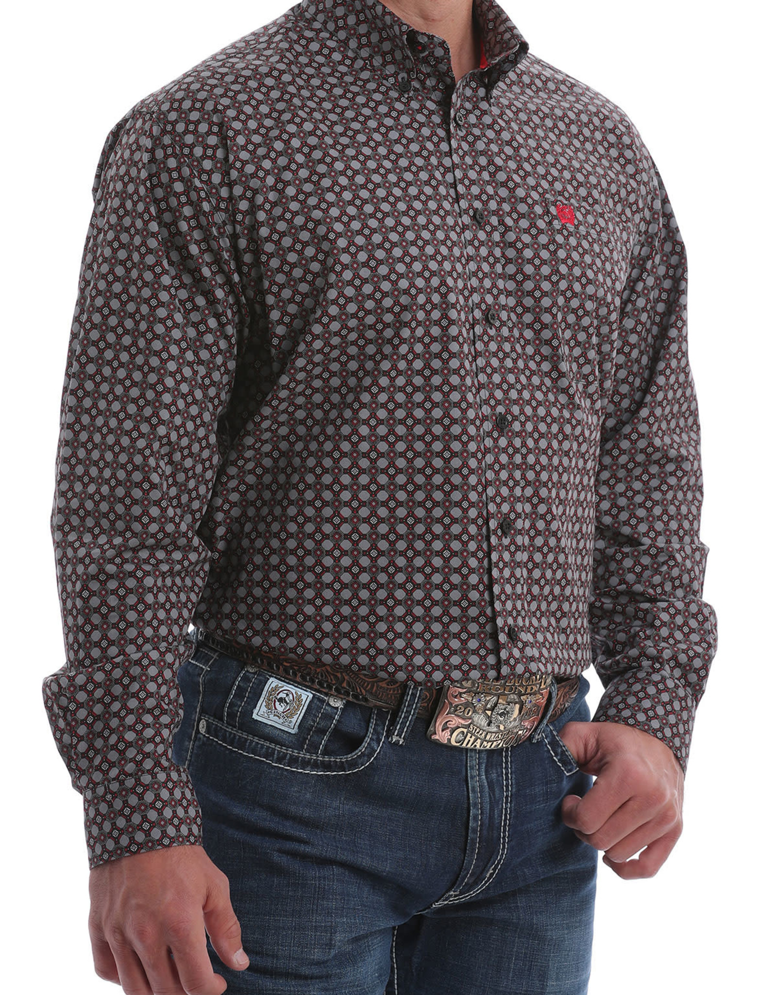 Cinch Mens Cinch Long Sleeve Grey Black Red Print Western Button Shirt