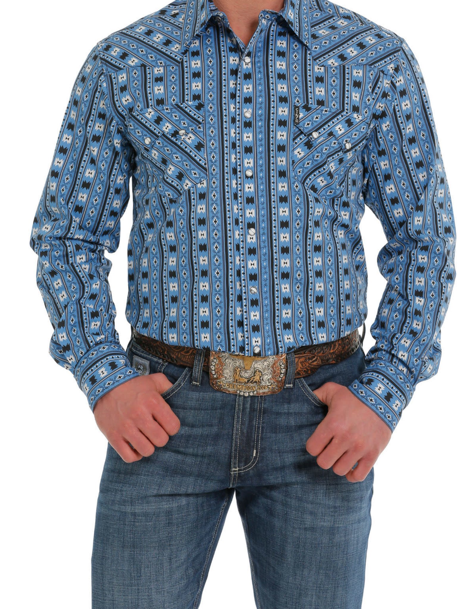 Cinch Mens Cinch Modern Fit Blue Aztec Western Snap Long Sleeve Shirt