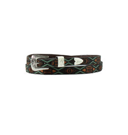 3D Brown Teal Leather Floral Pattern Leather 1/2" Hatband With Silver Buckle Set