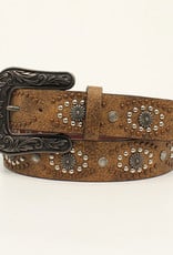 Womens Distressed Brown Copper Silver Studs n Conchos Belt