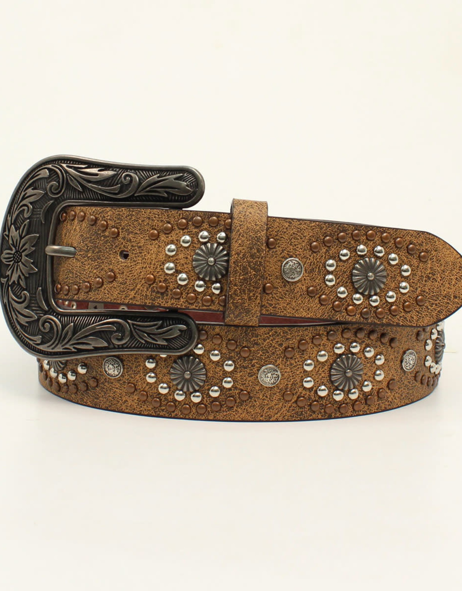 Womens Distressed Brown Copper Silver Studs n Conchos Belt