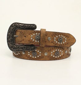 Womens Distressed Brown Copper Silver Studs n Conchos Belt