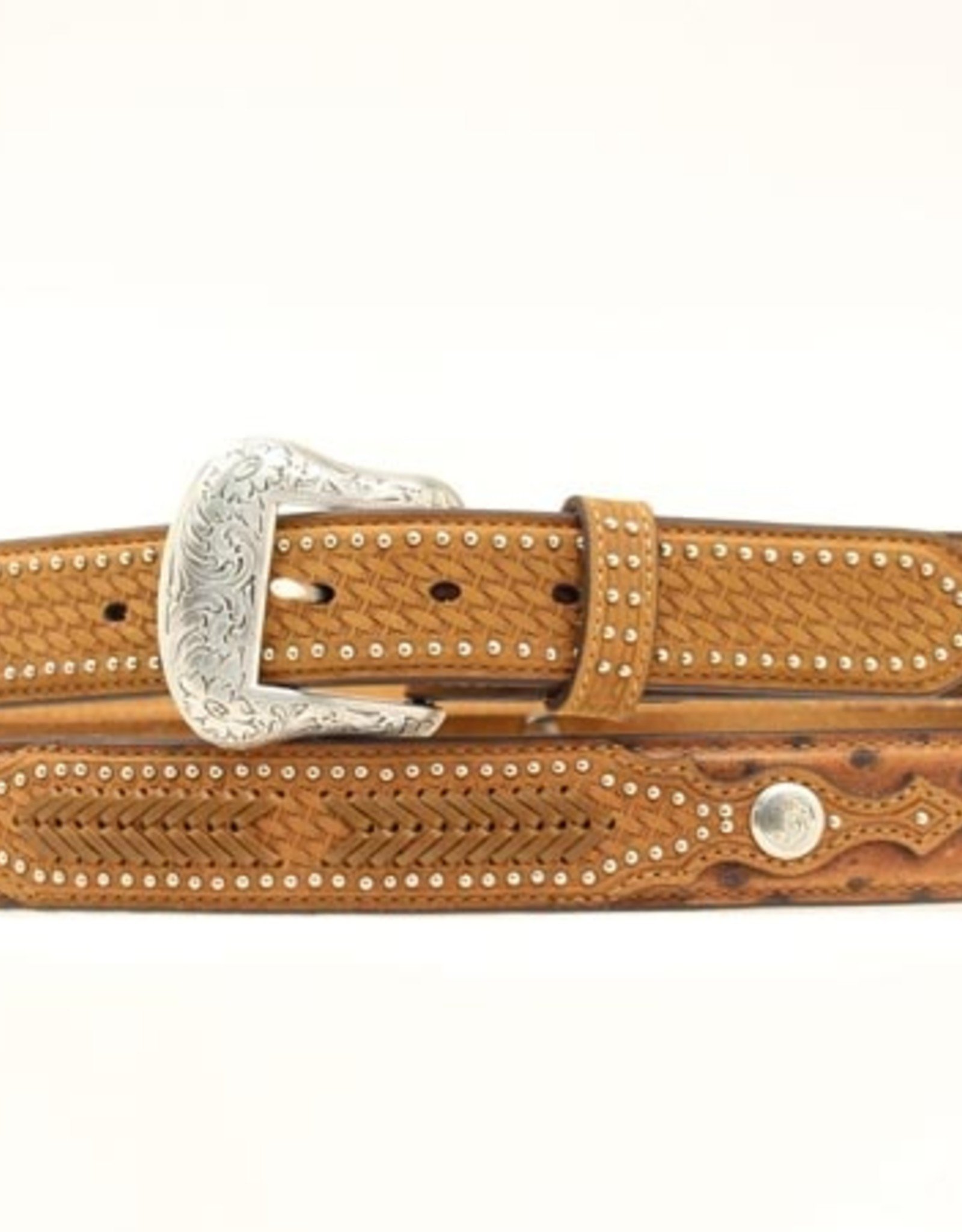 Distressed Brown 1 1/2" Ostrich Print Leather Overlay and Concho Western Belt