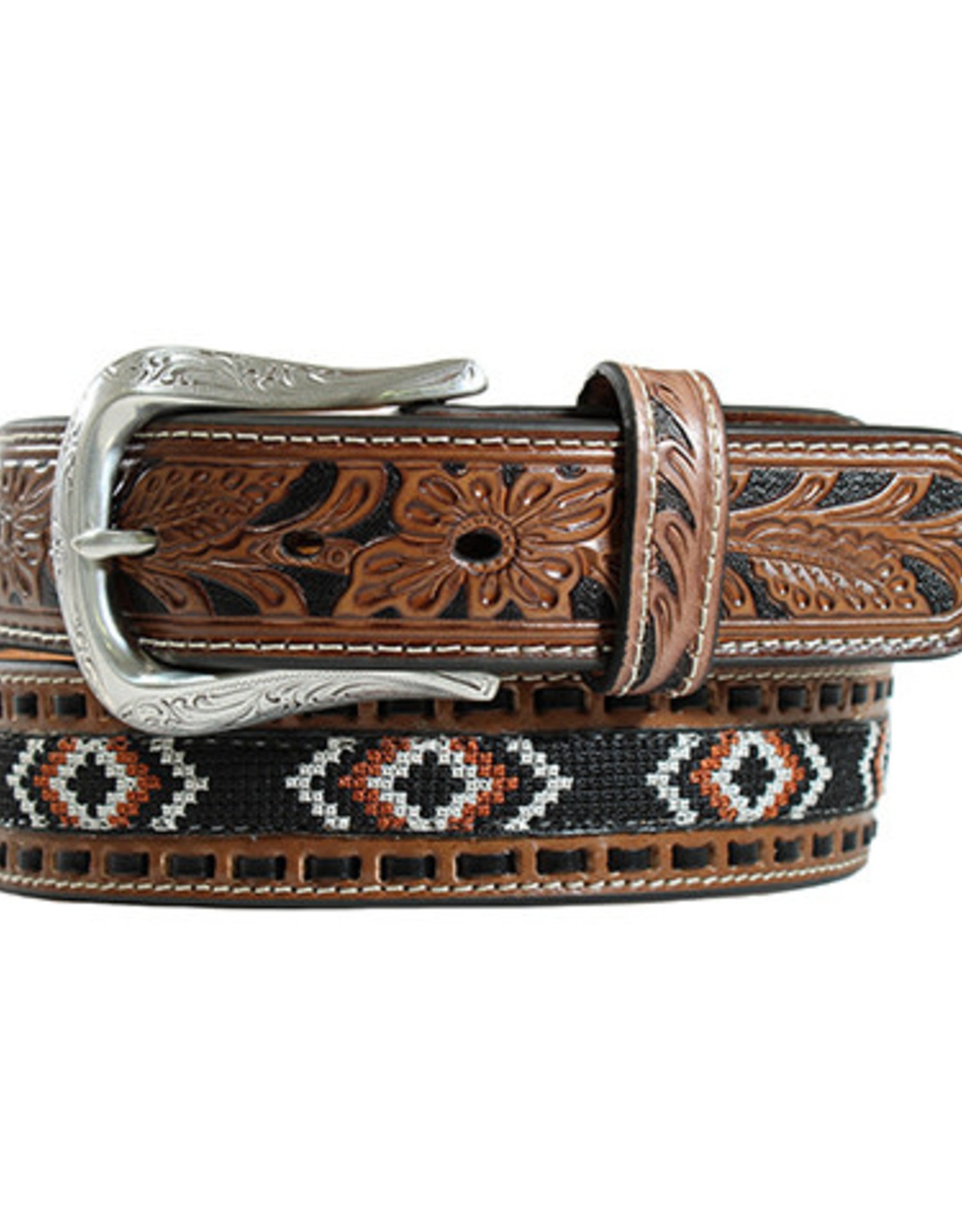 Brown 1 1/2" Buck Stitched Tooled Aztec Inlay Leather Western Belt
