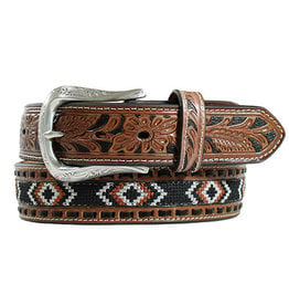 Brown 1 1/2" Buck Stitched Tooled Aztec Inlay Leather Western Belt