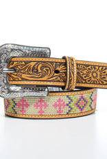 Girls Brown Floral Tooled Design Pink Cross Stitched Inlay 1 1/4" Western Belt