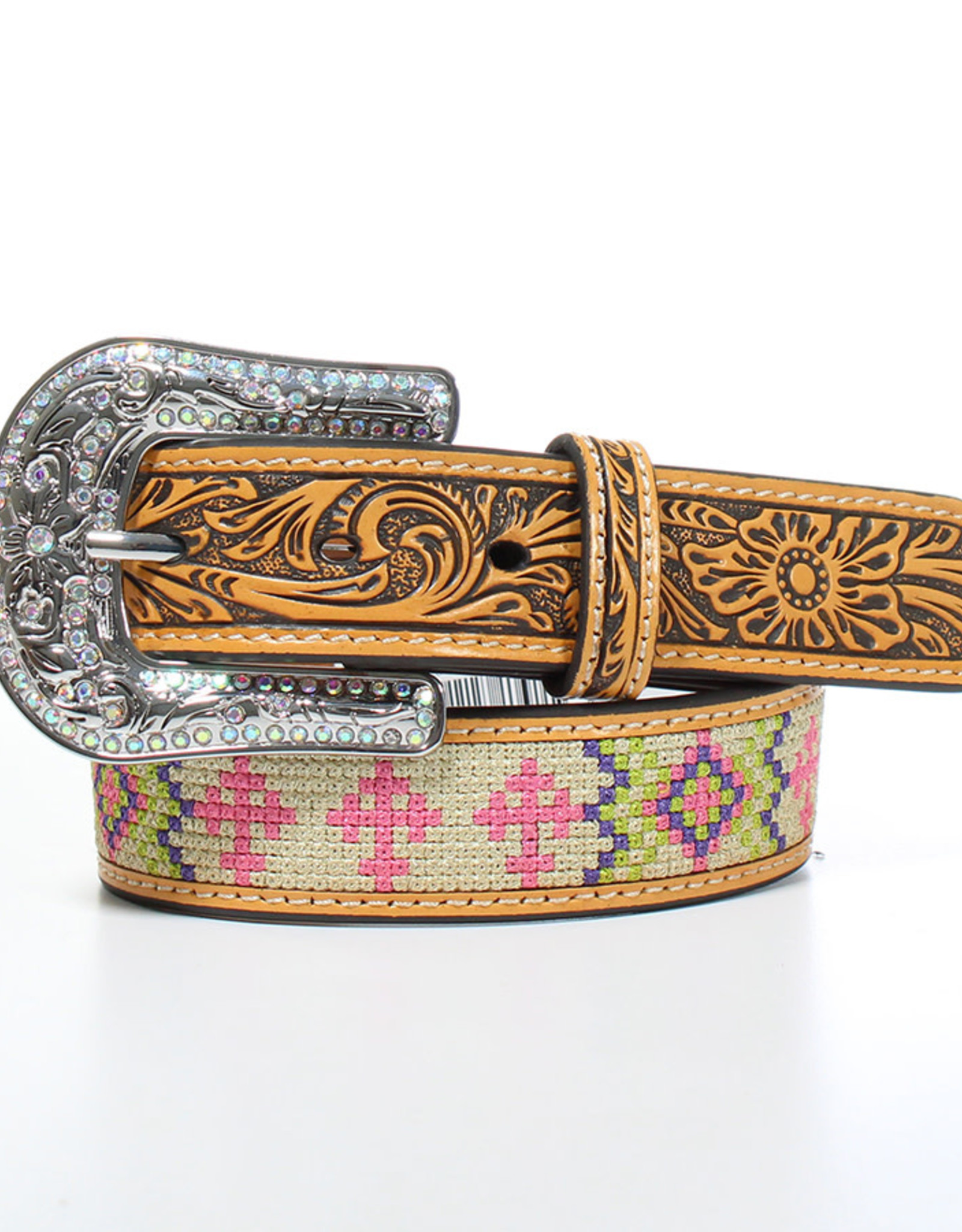 Girls Brown Floral Tooled Design Pink Cross Stitched Inlay 1 1/4" Western Belt