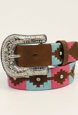 Girls Pink and Light Turquoise Laced Southwest Pattern with Clear Stones 1 1/4" Western Belt