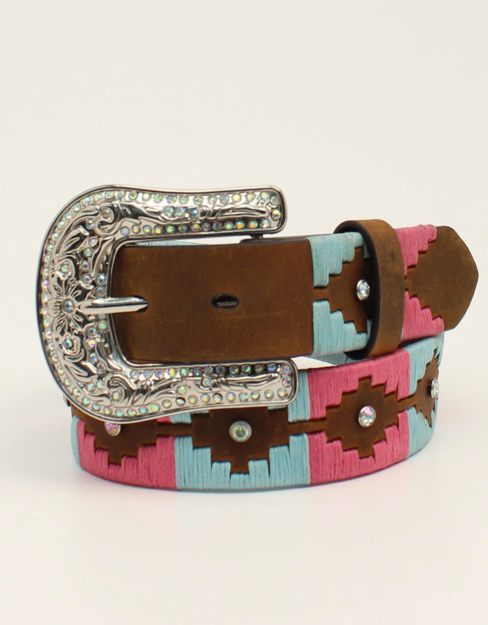 Girls Pink and Light Turquoise Laced Southwest Pattern with Clear Stones 1 1/4" Western Belt