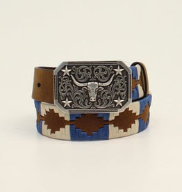 3D Kids Blue and White Laced Southwest Pattern 1 1/4" Western Belt with Long Horn Belt Buckle