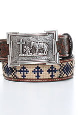 3D Kids Blue and Cream Cross Pattern Embroidered inlay 1 1/4" Western Belt with Kneeling Cowboy Belt Buckle