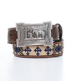 3D Kids Blue and Cream Cross Pattern Embroidered inlay 1 1/4" Western Belt with Kneeling Cowboy Belt Buckle