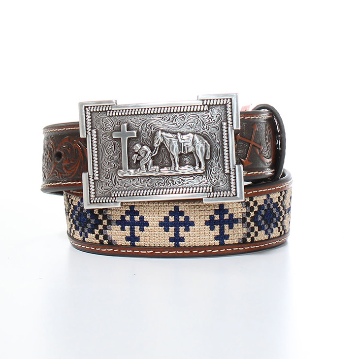 Kids Blue and Cream Cross Pattern Embroidered inlay 1 1/4