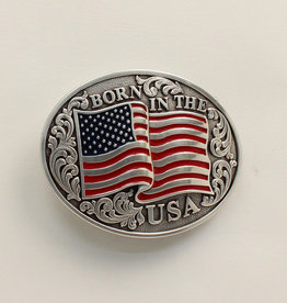 Antiqued Silver Colored American Flag Born in The USA Oval Belt Buckle
