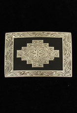 Antiqued Silver Scrolling  Aztec  With Black Outline Square Belt Buckle