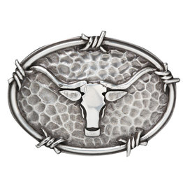 Ariat Oval Hammered Silver Long Horn Steer Barbwire Edge Belt Buckle