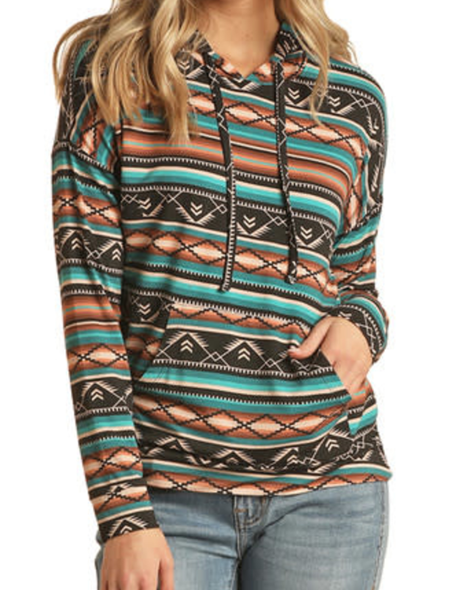 Womens Rock N Roll Denim Long Sleeve Brown Turquoise Aztec Pullover Hooded Shirt