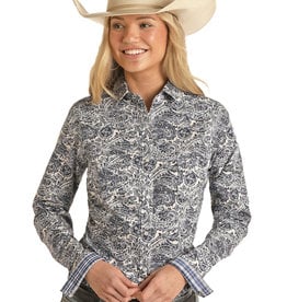 Womens Panhandle Rough Stock Blue White Paisley Western Snap Shirt